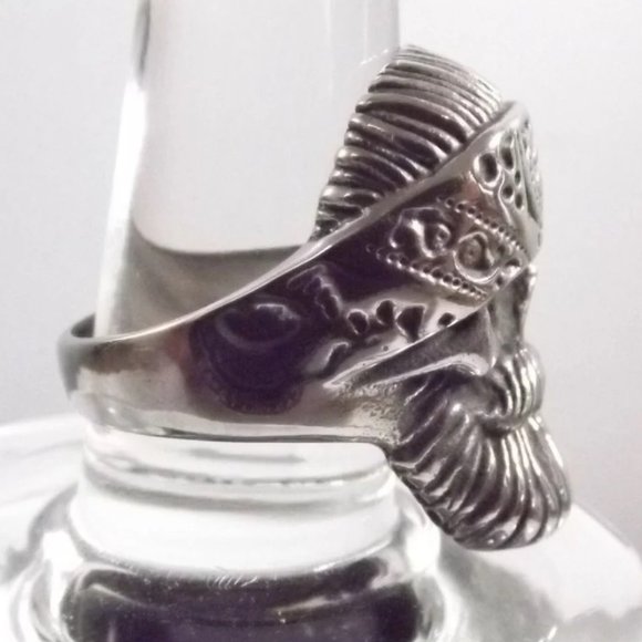 Vintage Unisex Plus Size Stainless Steel Statement Viking Skull Face Ring - Picture 2 of 10
